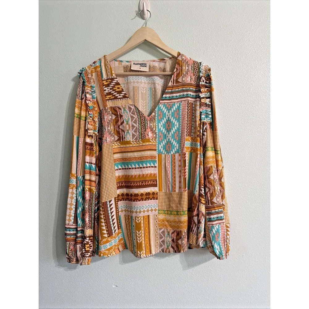 Savanna Jane Top Women‎ Plus 1X Aztec Floral Embroidered Boho Peasant